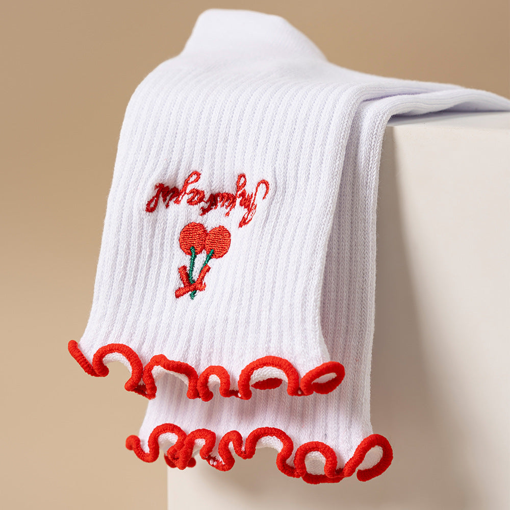 Fruit Embroidery Frill Cuff Grip Socks - Red - 4