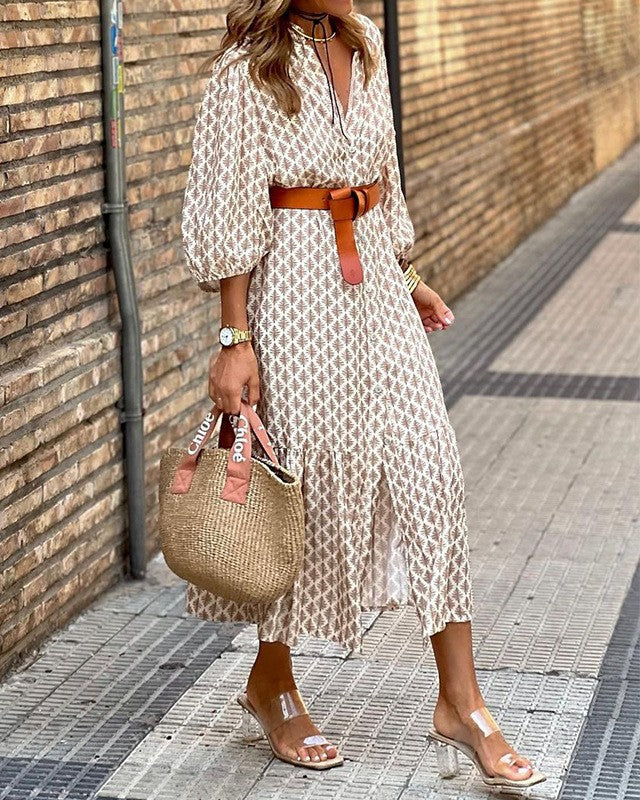 Printed Button Front Tiered Midi Dress - Khaki