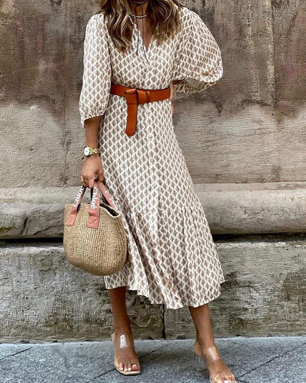 Printed Button Front Tiered Midi Dress - Khaki - 1