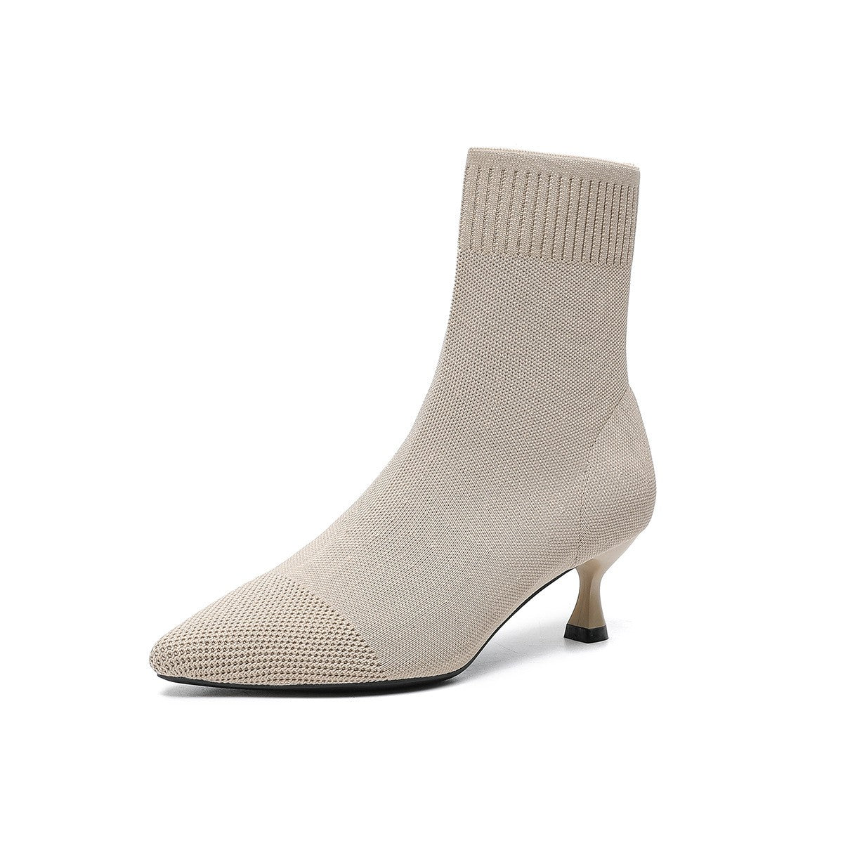 Knit Sock Kitten Heel Ankle Boots - Beige