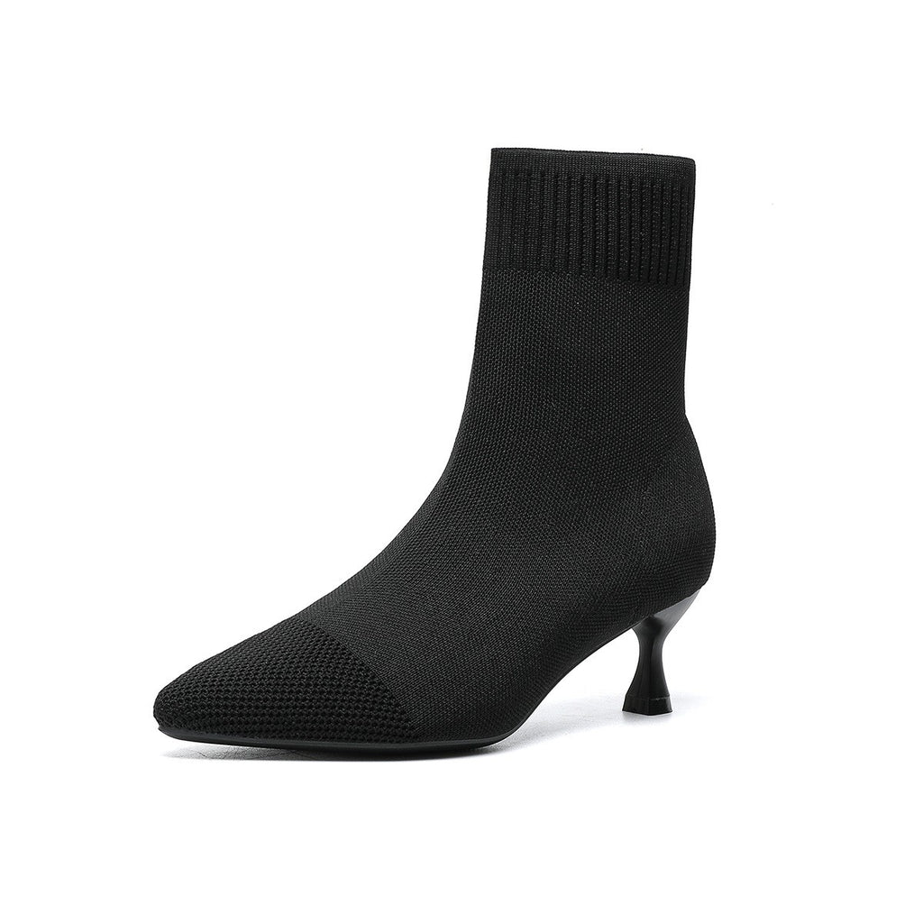 Knit Sock Kitten Heel Ankle Boots - Black