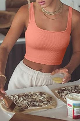 Ribbed Square Neck Crop Tank Top - Orange