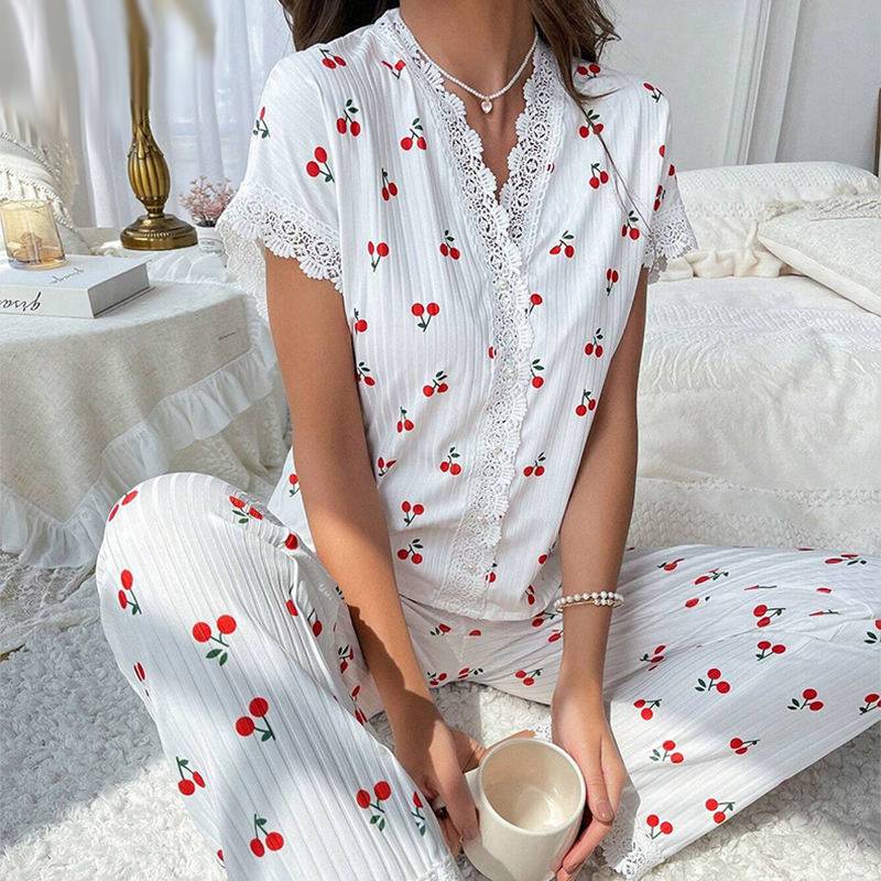 Cherry Print Lace Trim Pyjama Set - white