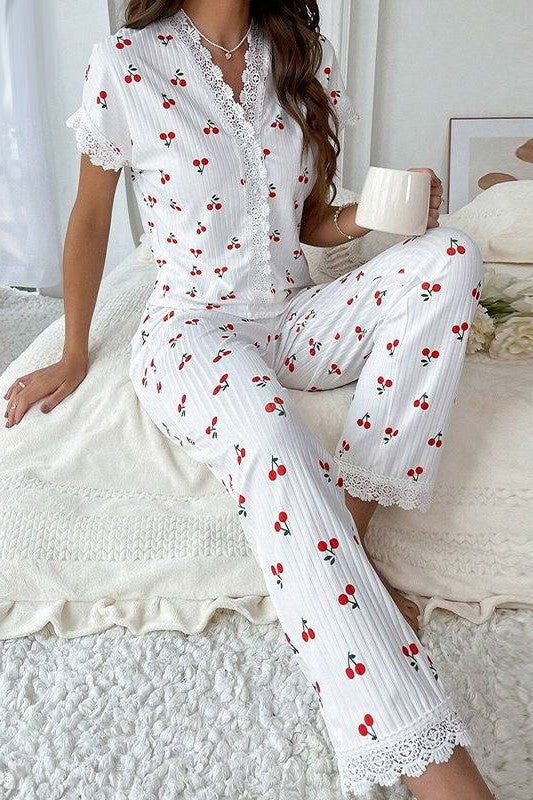 Cherry Print Lace Trim Pyjama Set - white - 1