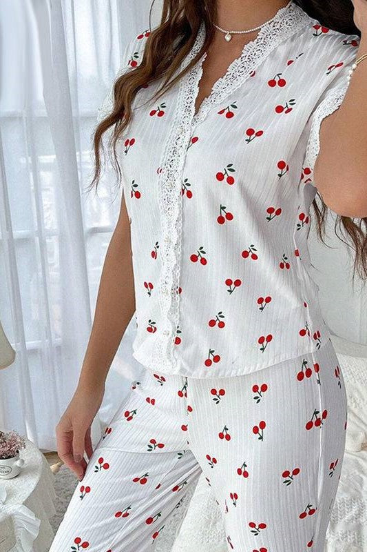 Cherry Print Lace Trim Pyjama Set - white - 2