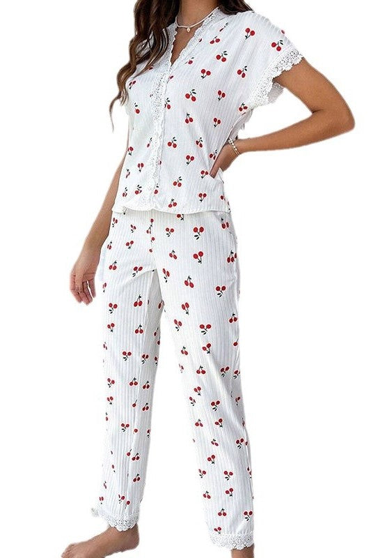 Cherry Print Lace Trim Pyjama Set - white - 3