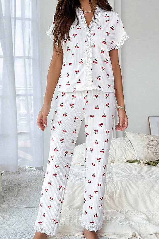 Cherry Print Lace Trim Pyjama Set - white - 4