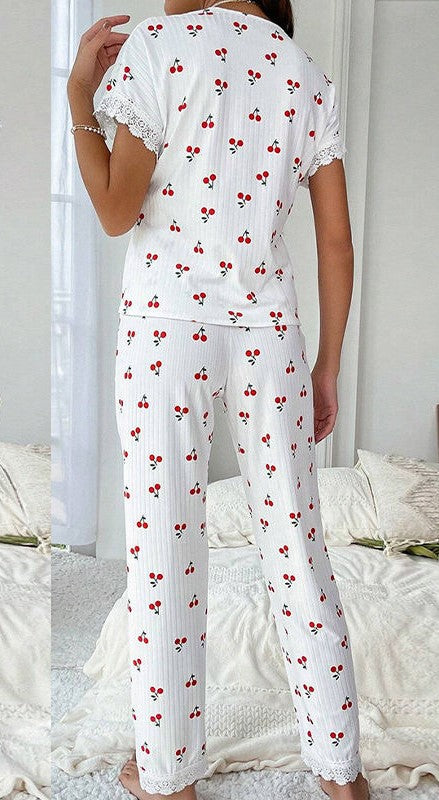 Cherry Print Lace Trim Pyjama Set - white - 5