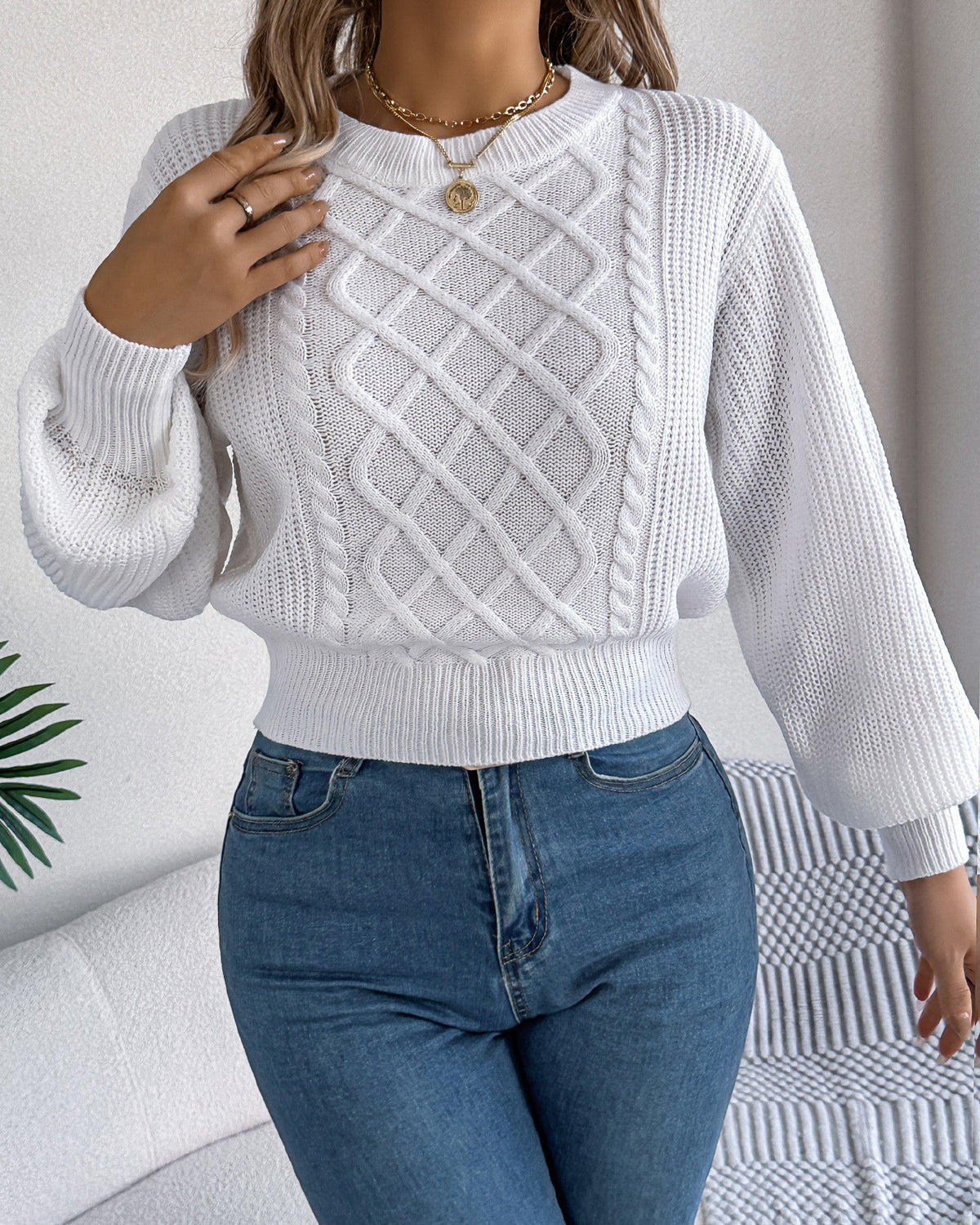 Textured Cable Knit Cropped Pullover Sweater - White