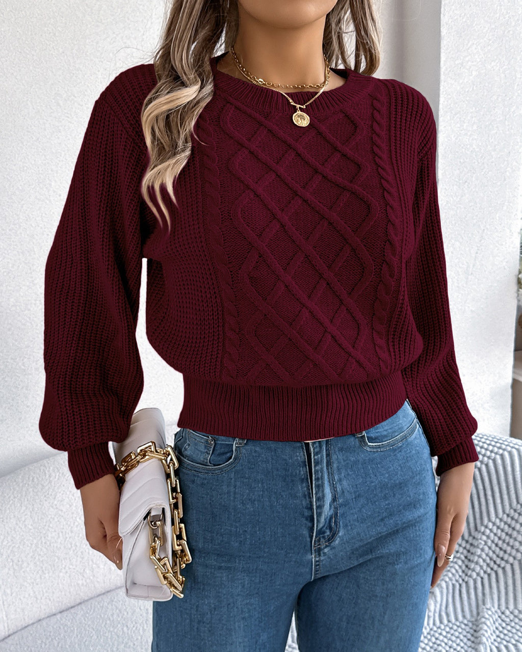 Textured Cable Knit Cropped Pullover Sweater - Wine-Red