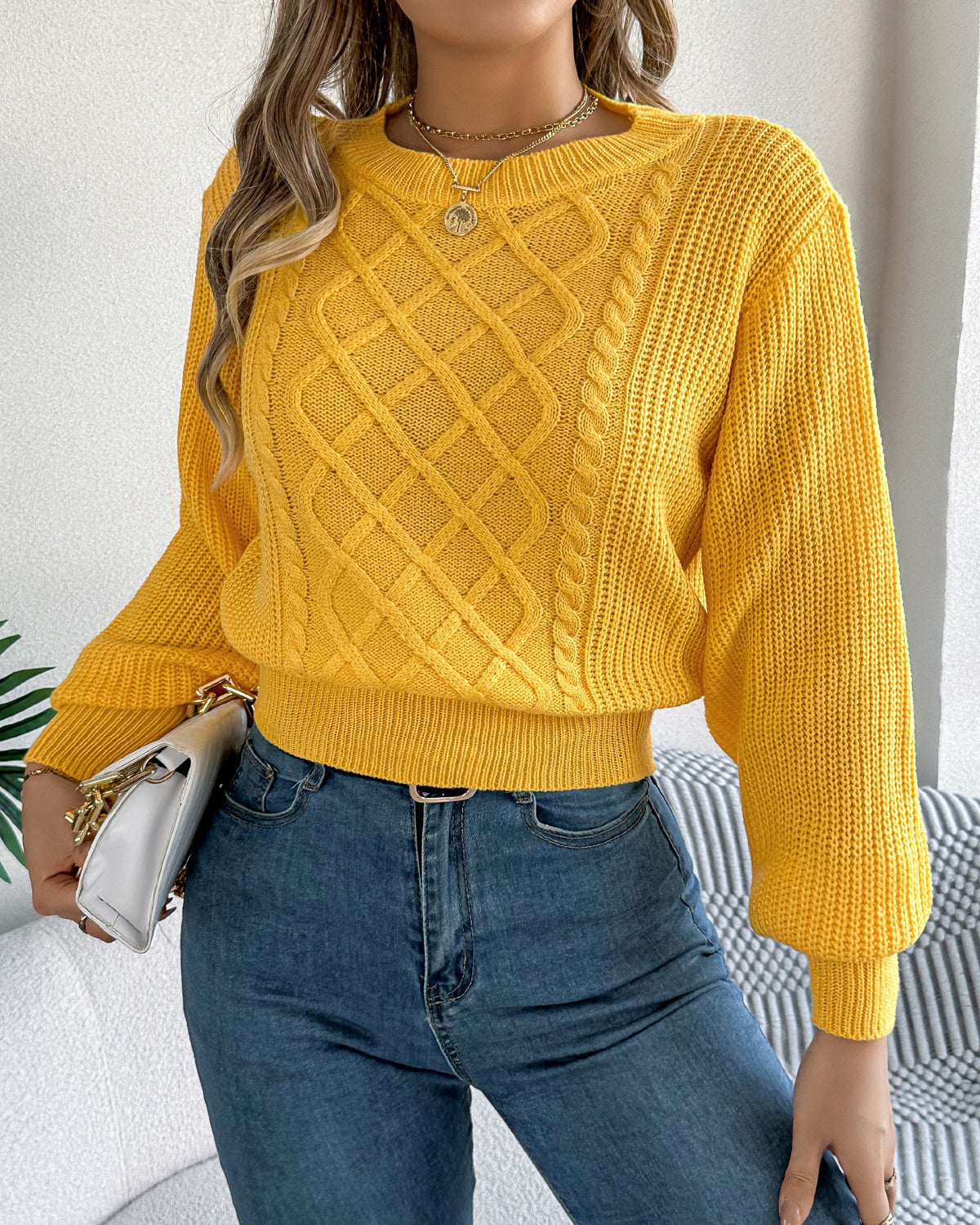 Textured Cable Knit Cropped Pullover Sweater - Yellow