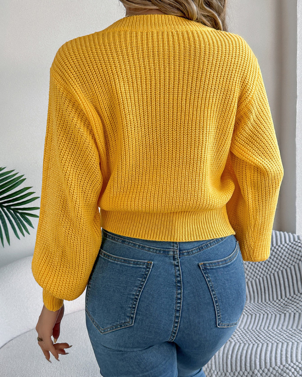 Textured Cable Knit Cropped Pullover Sweater - Yellow - 1