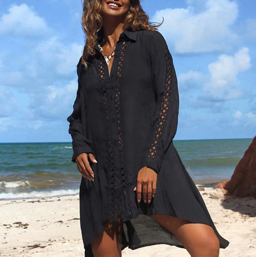 Crochet Lace Trim Button Front Beach Cover Up - Black