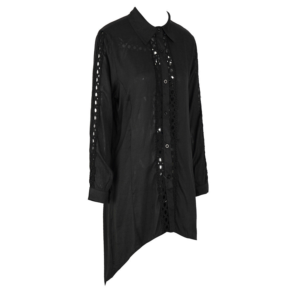 Crochet Lace Trim Button Front Beach Cover Up - Black - 1