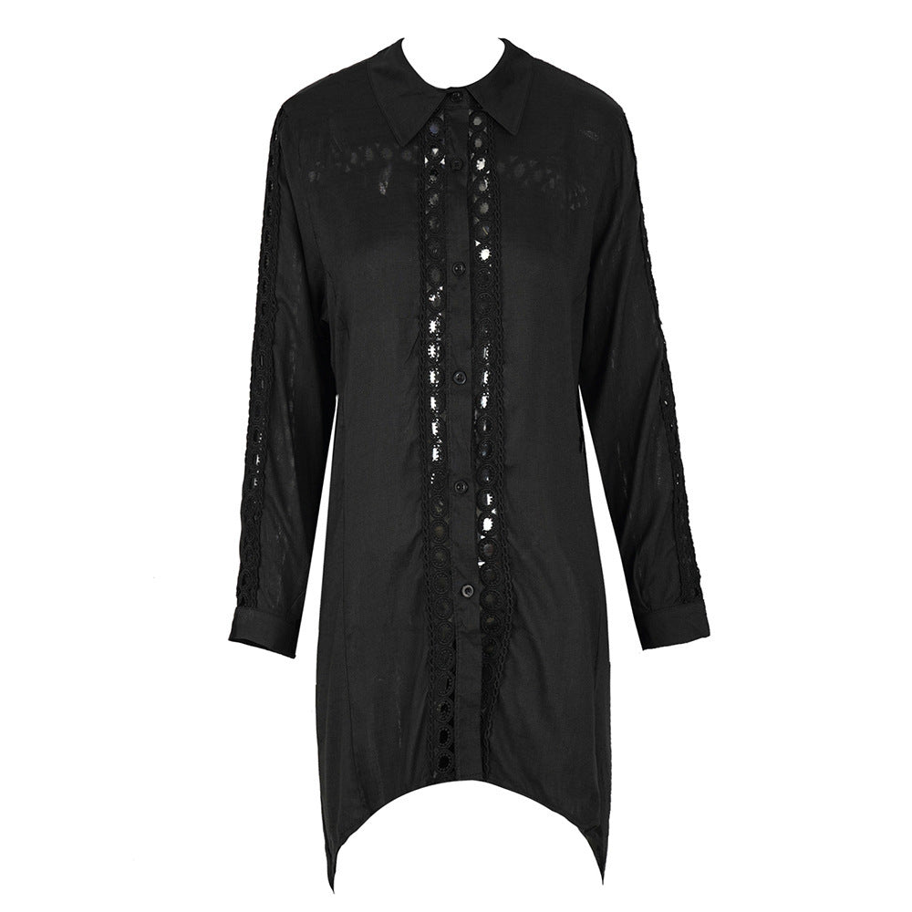 Crochet Lace Trim Button Front Beach Cover Up - Black - 2