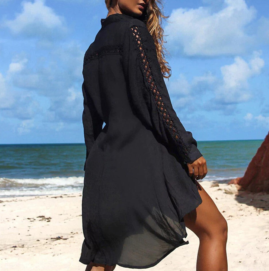 Crochet Lace Trim Button Front Beach Cover Up - Black - 4