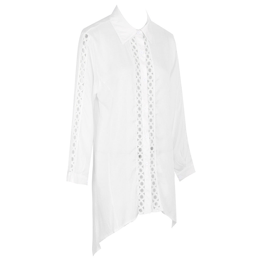 Crochet Lace Trim Button Front Beach Cover Up - White - 2