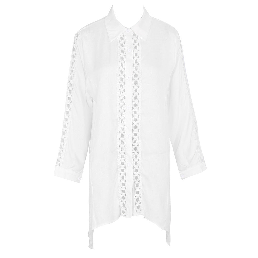 Crochet Lace Trim Button Front Beach Cover Up - White - 3