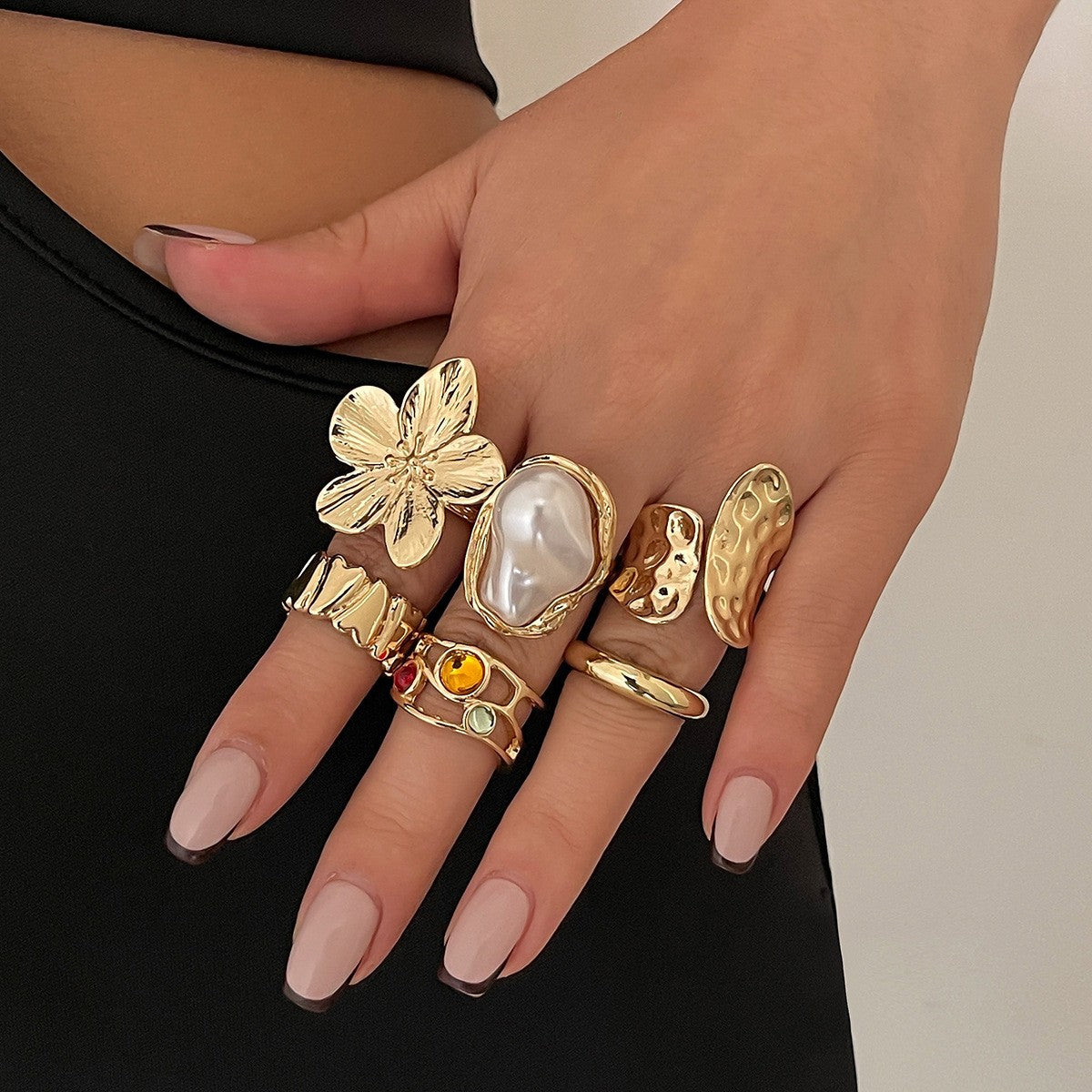 Baroque Pearl and Flower Ring Set - Gold