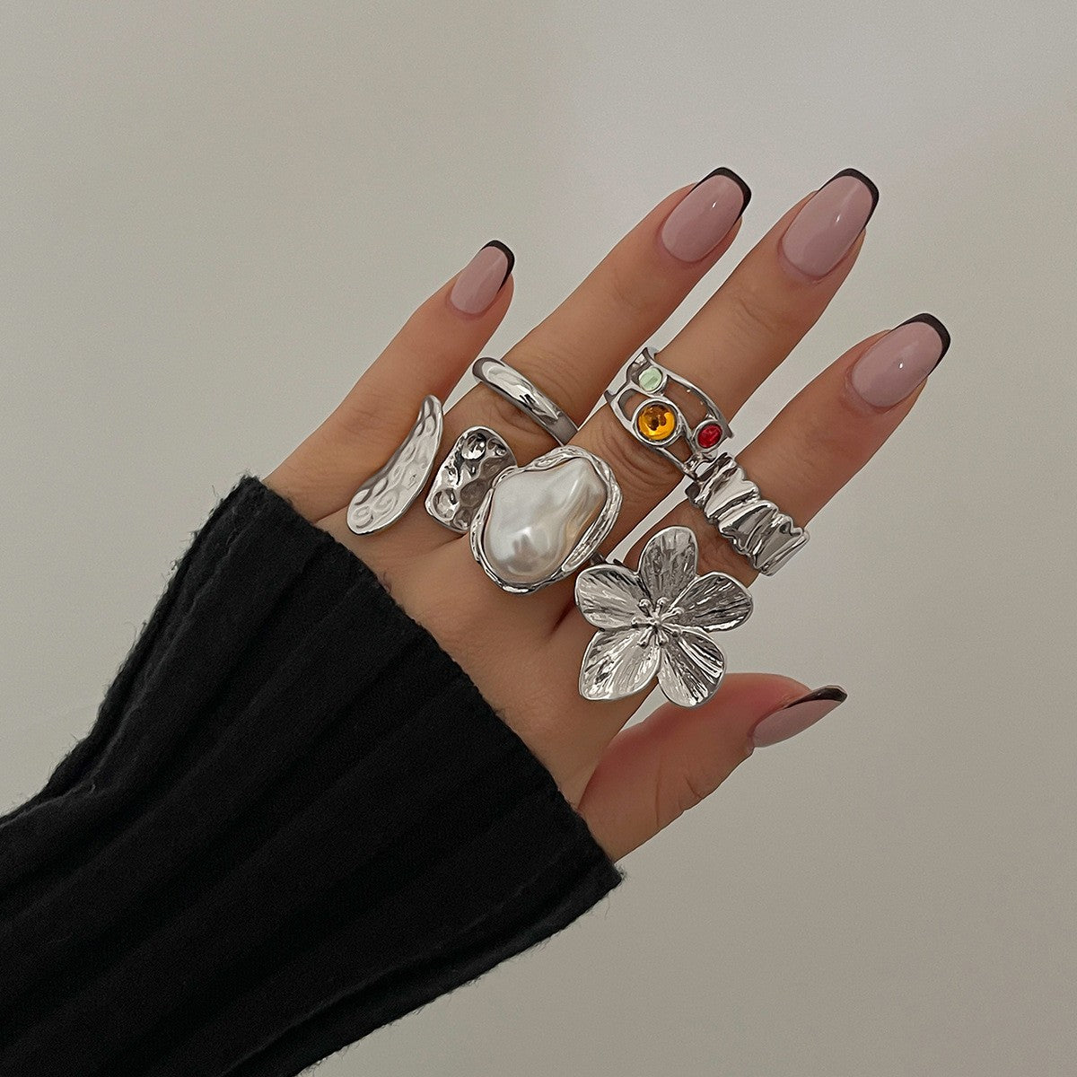 Baroque Pearl and Flower Ring Set - Silver