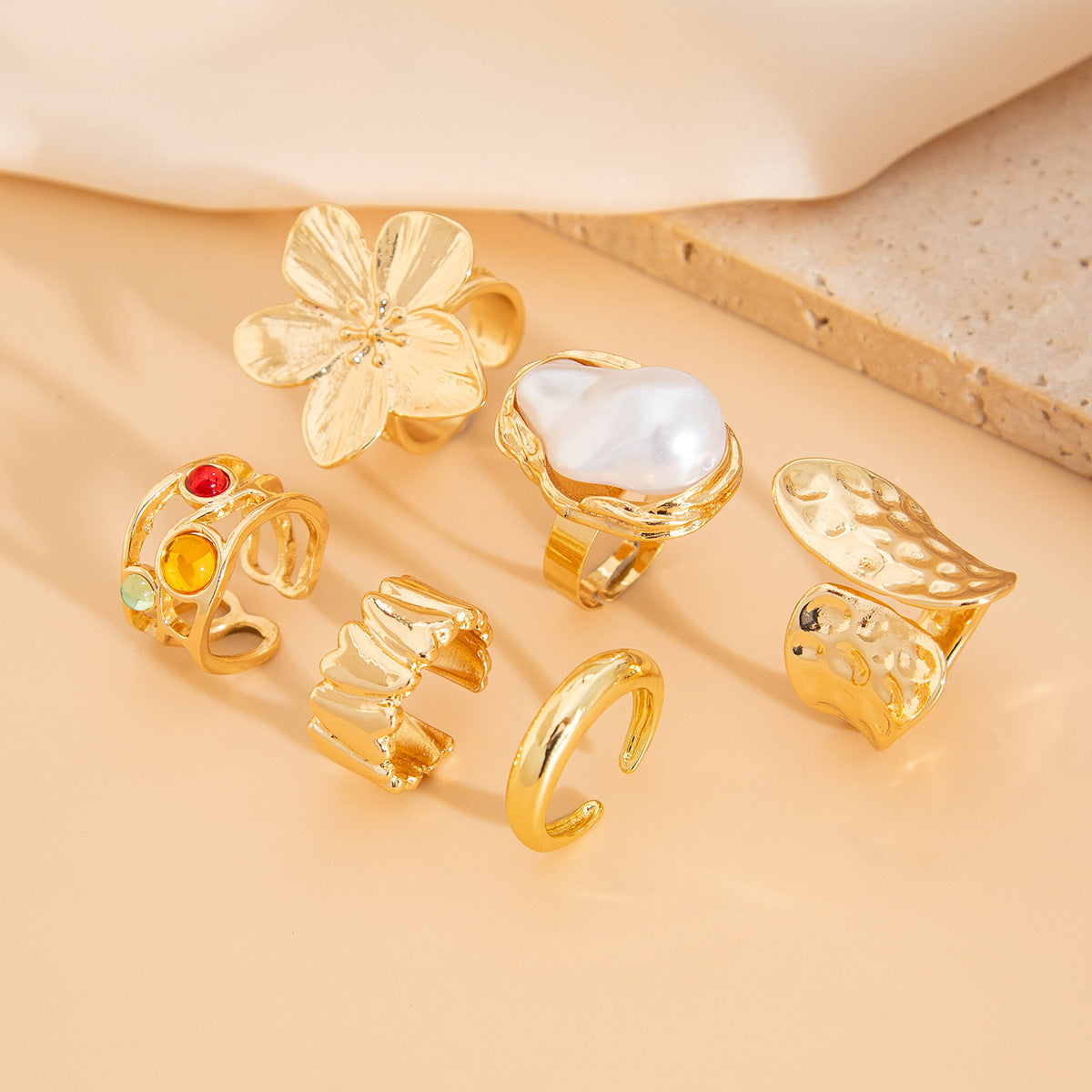 Baroque Pearl and Flower Ring Set - view 3