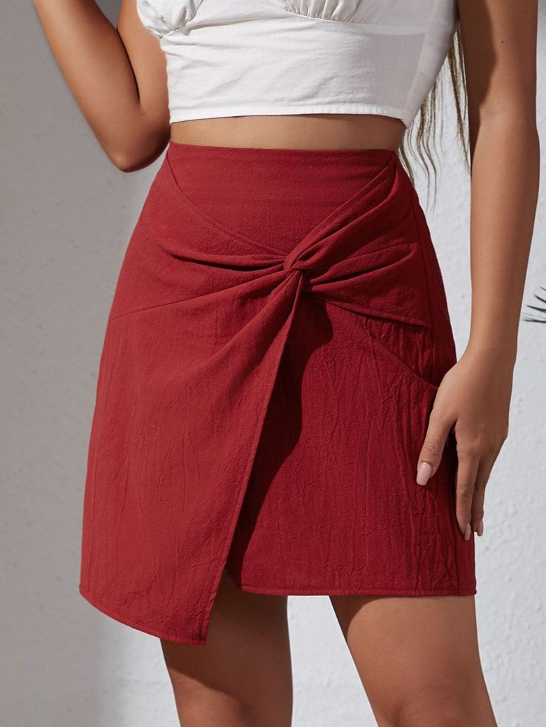 Twist Front Faux Wrap Mini Skirt - Red