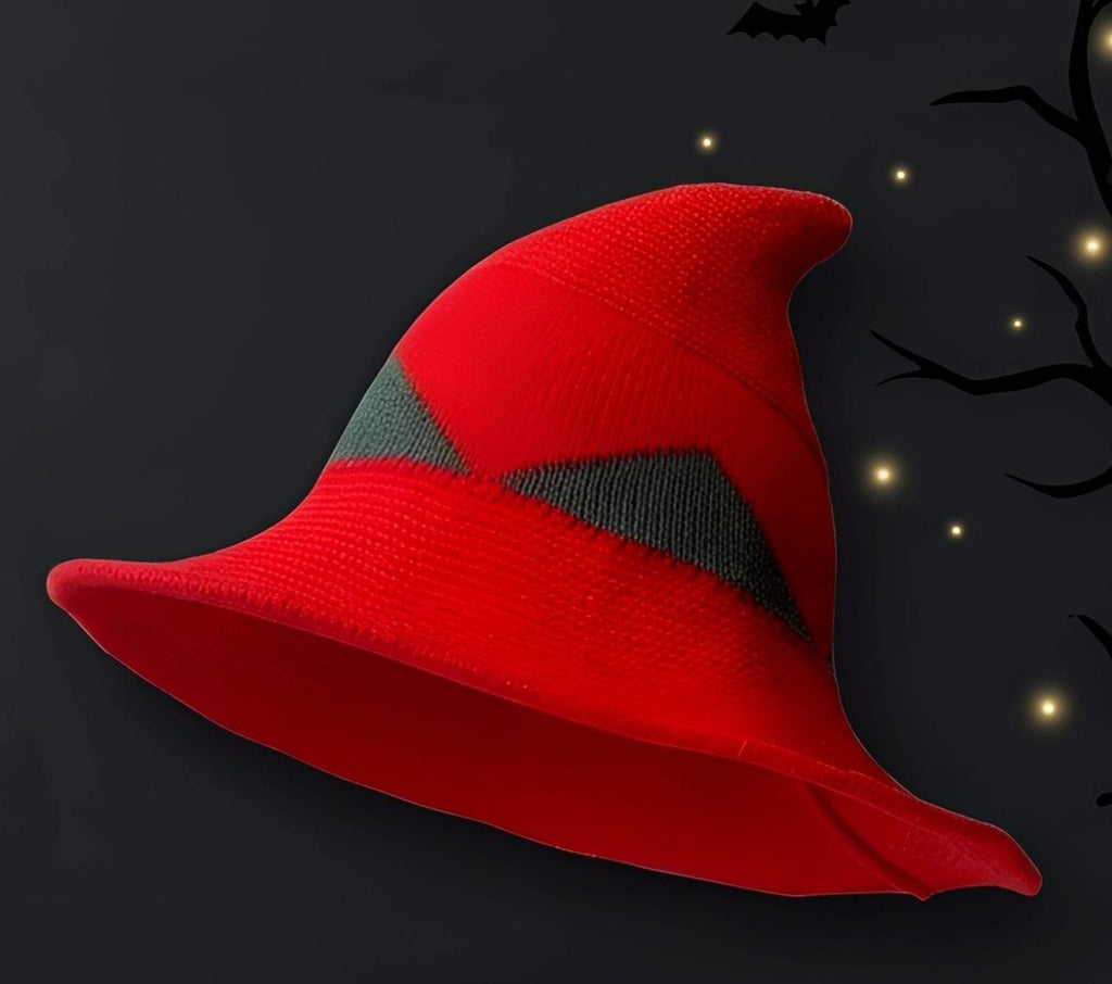 Foldable Knit Wizard Hat With Curved Tip - Red