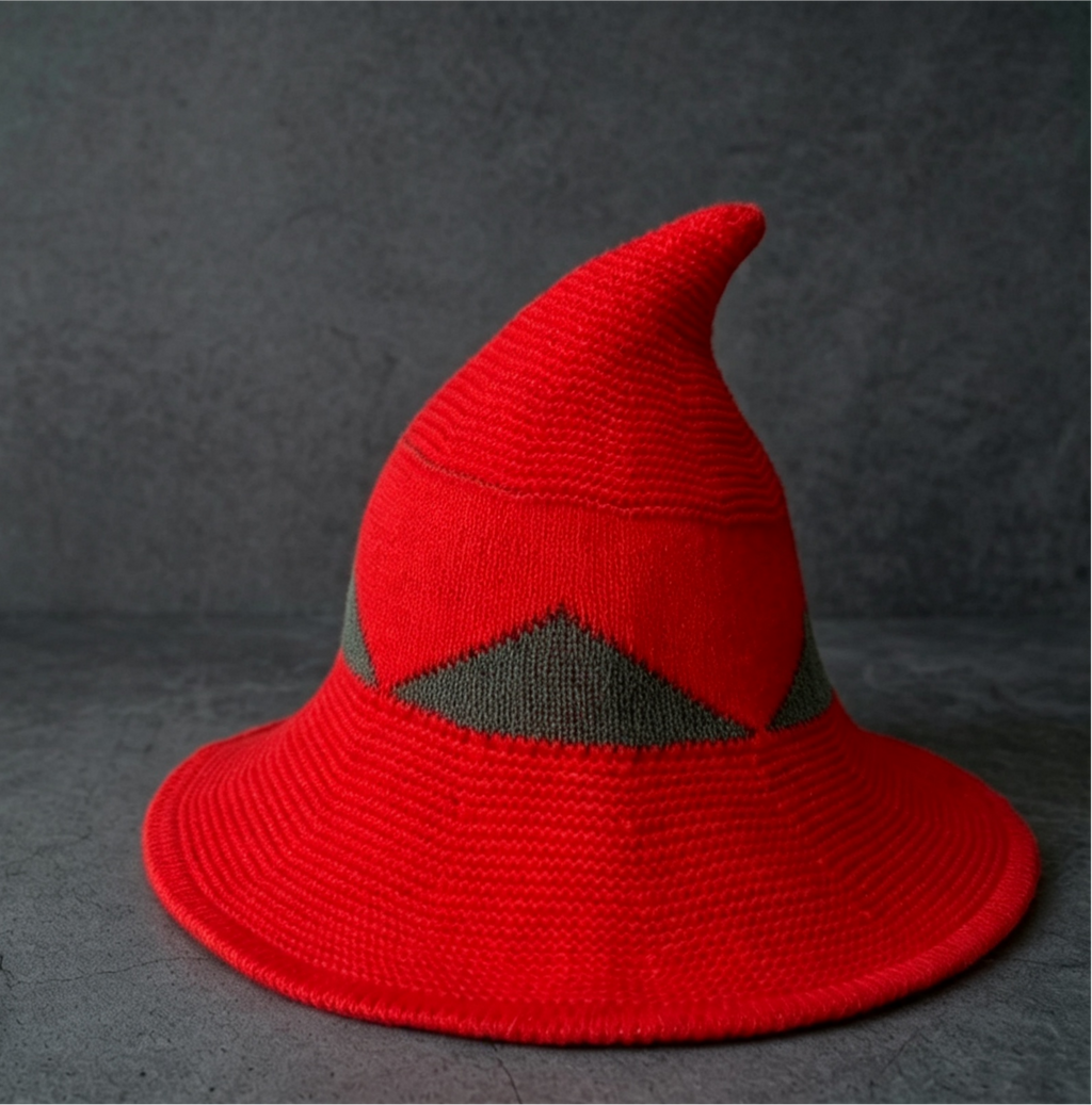 Foldable Knit Wizard Hat With Curved Tip - Red - 1