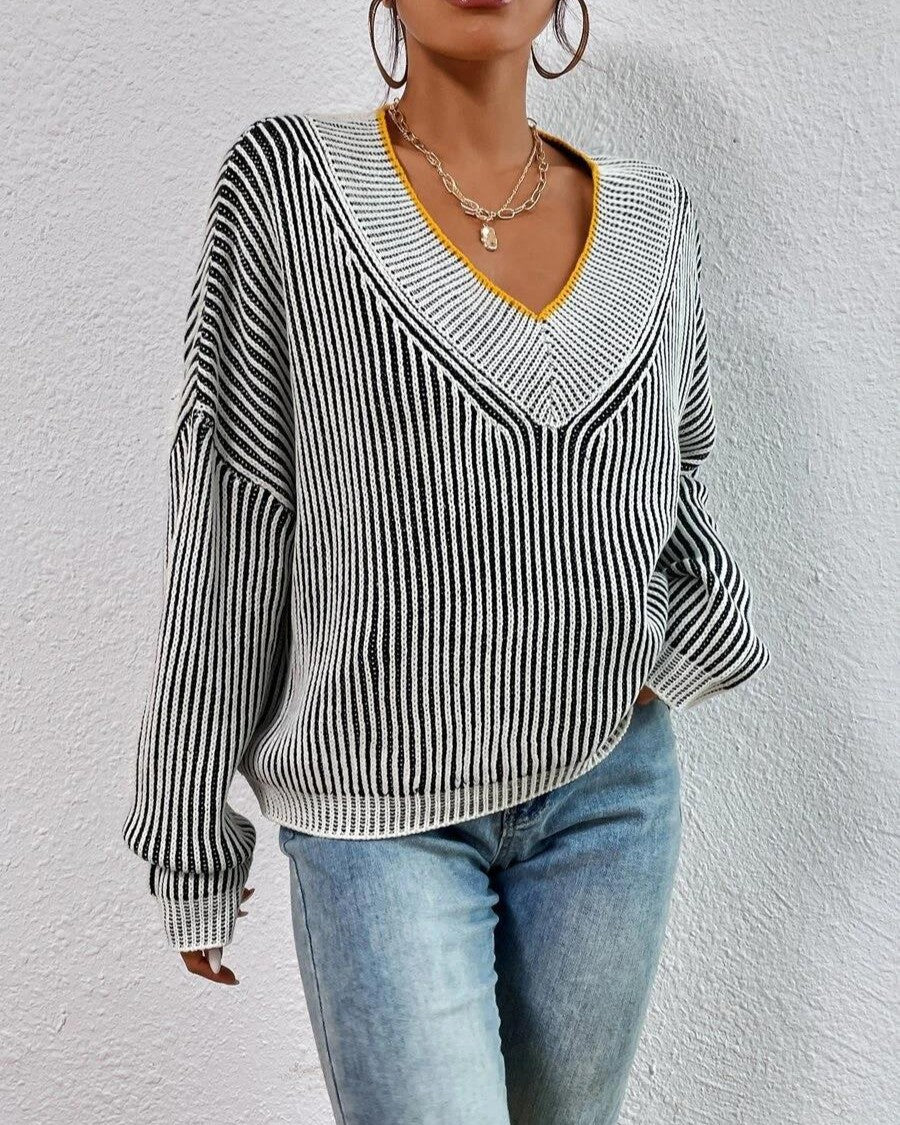 Striped Deep V Neck Batwing Sleeve Sweater - Black