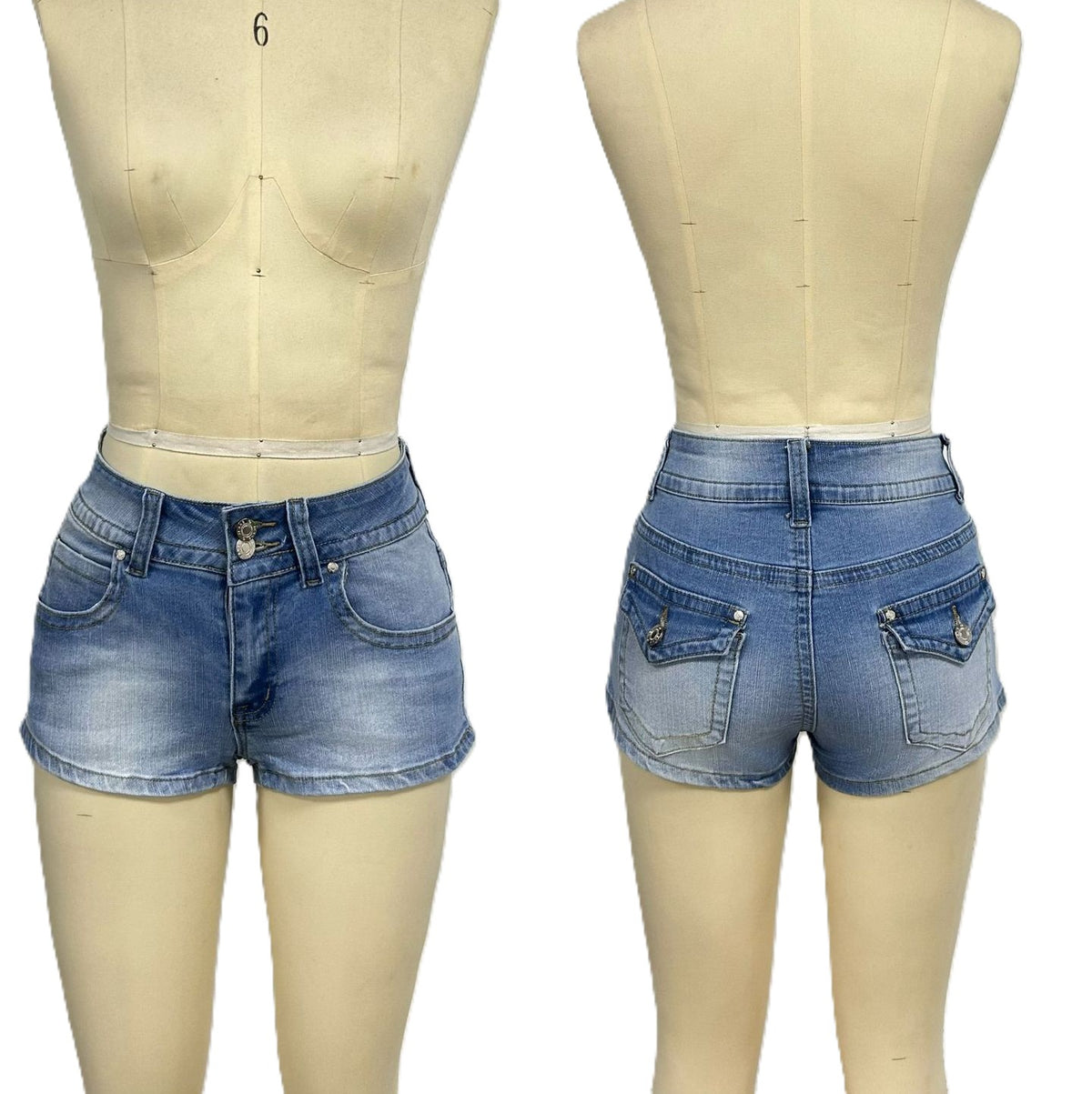 Low Rise Washed Denim Mini Shorts - Blue