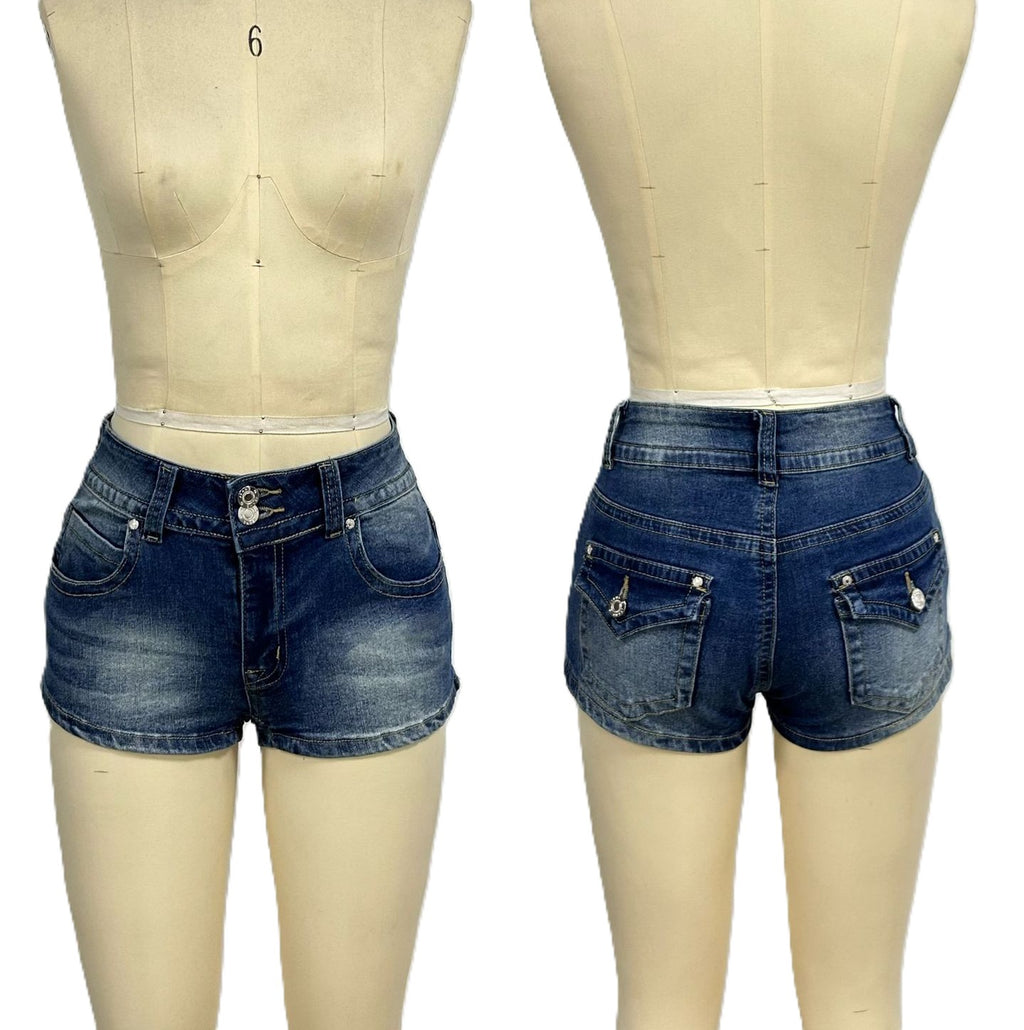 Low Rise Washed Denim Mini Shorts - DarkBlue