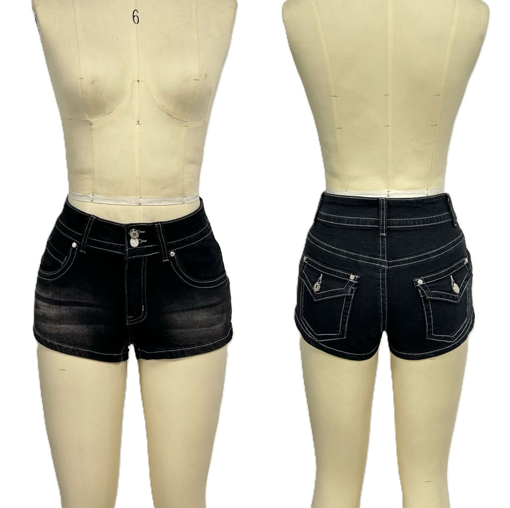 Low Rise Washed Denim Mini Shorts - DarkGrey
