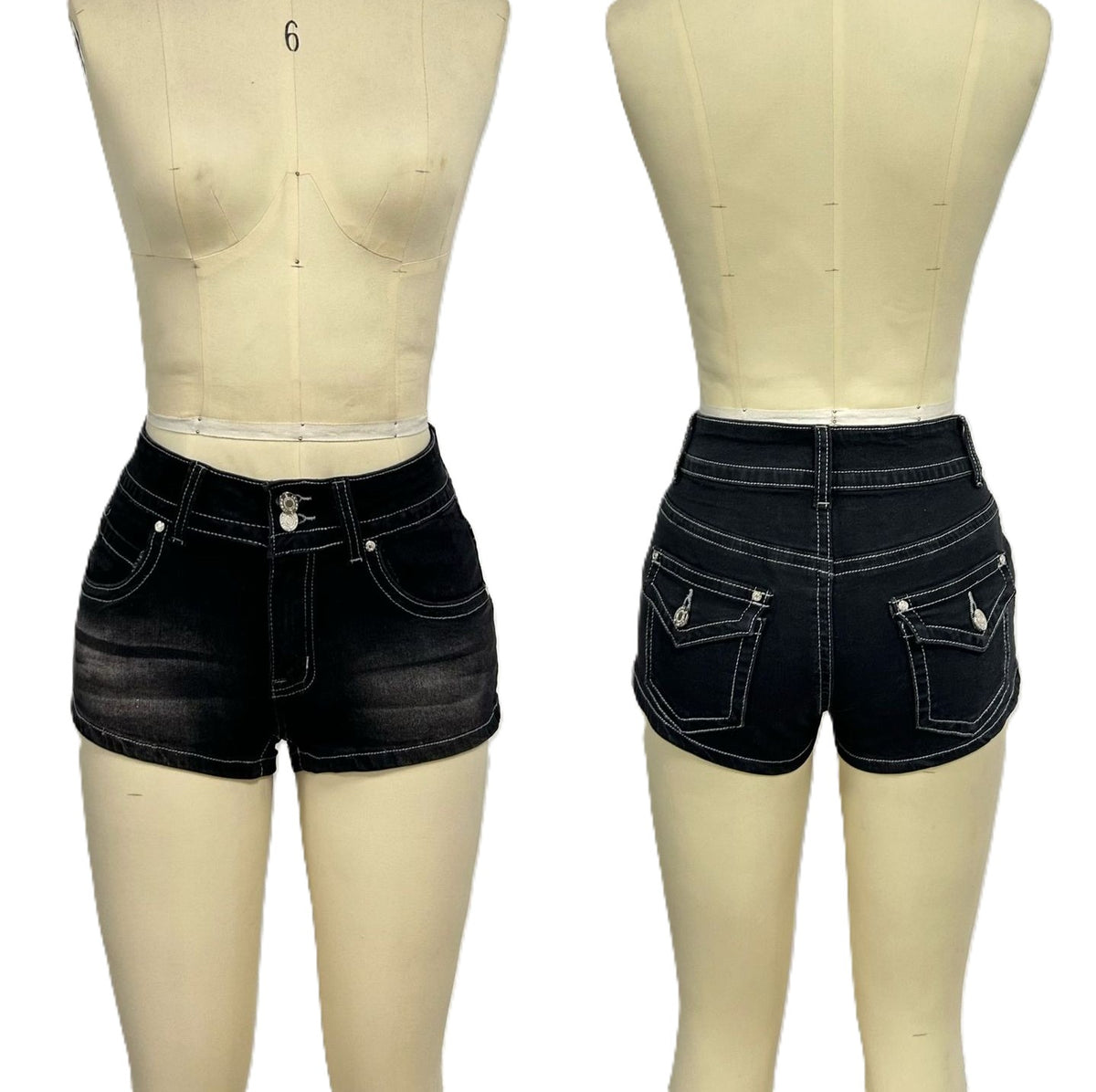 Low Rise Washed Denim Mini Shorts - DarkGrey