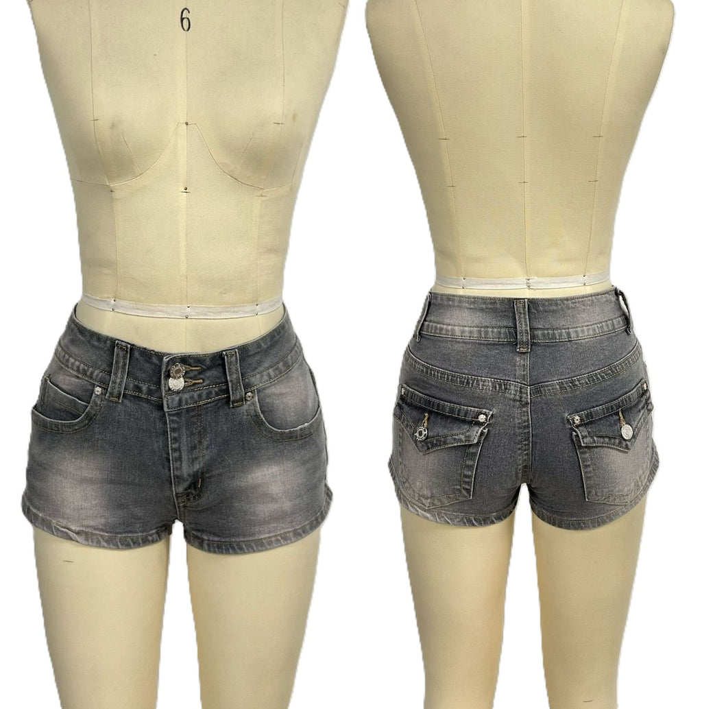 Low Rise Washed Denim Mini Shorts - Grey - 1