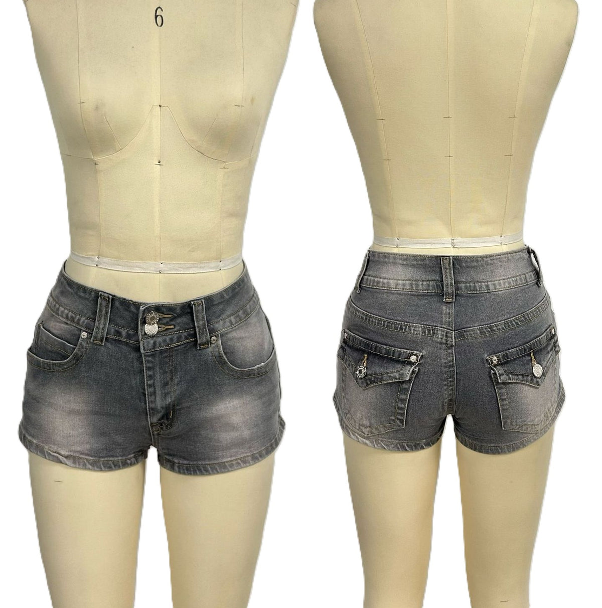 Low Rise Washed Denim Mini Shorts - Grey - 1