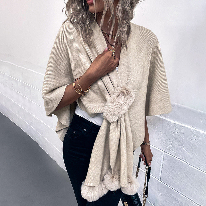 Faux Fur Pom Trim Open Knit Cardigan - Apricot - 2