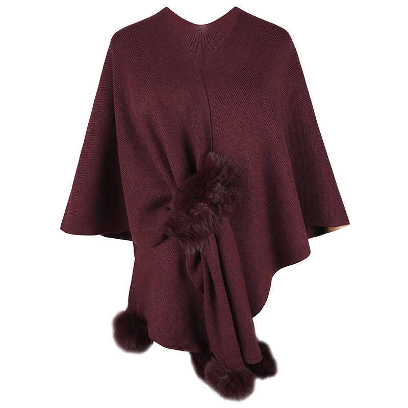 Faux Fur Pom Trim Open Knit Cardigan - Wine_red