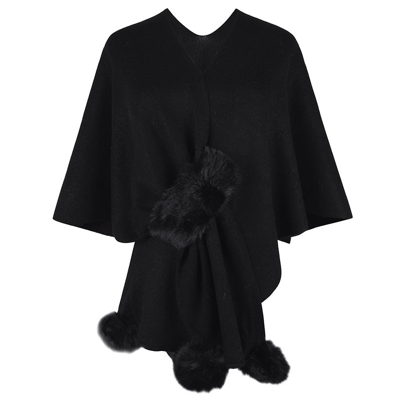 Faux Fur Pom Trim Open Knit Cardigan - black