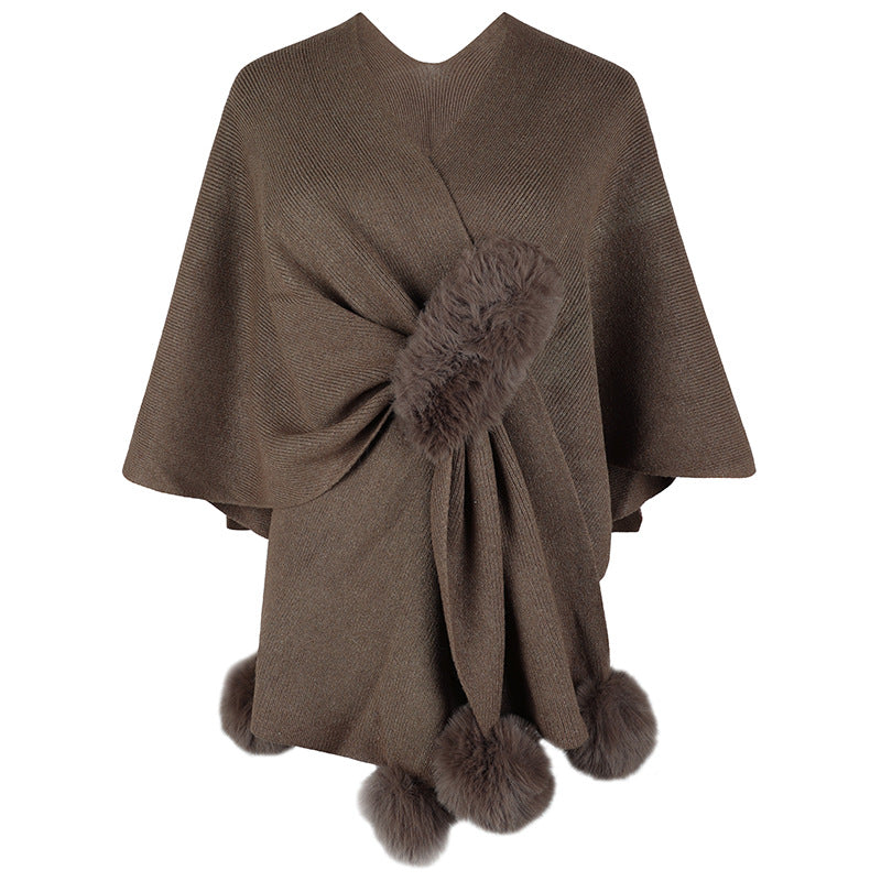 Faux Fur Pom Trim Open Knit Cardigan - coffee