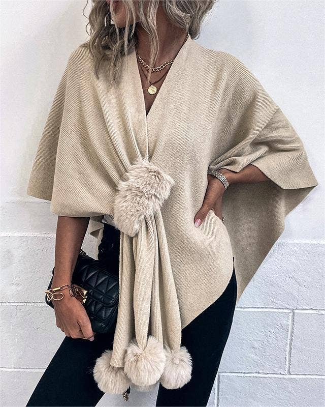 Faux Fur Pom Trim Open Knit Cardigan