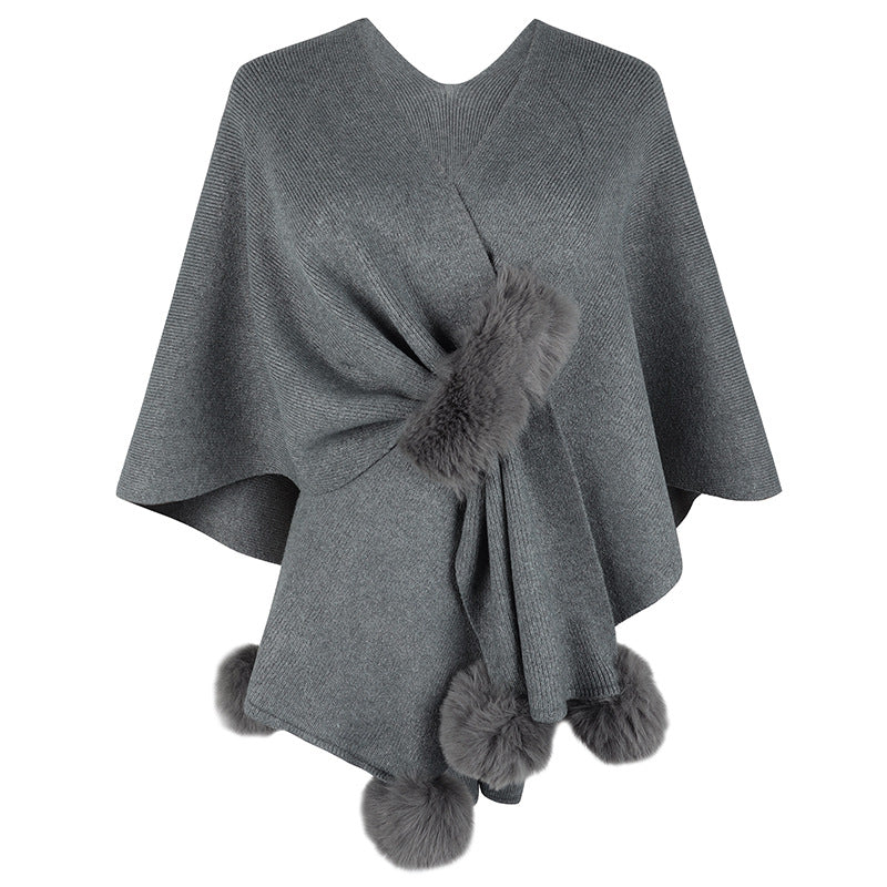 Faux Fur Pom Trim Open Knit Cardigan - grey