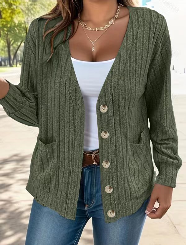 Ribbed V Neck Button Front Pocket Cardigan - Green