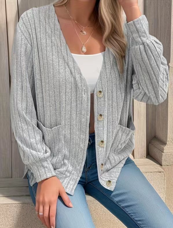 Ribbed V Neck Button Front Pocket Cardigan - Grey