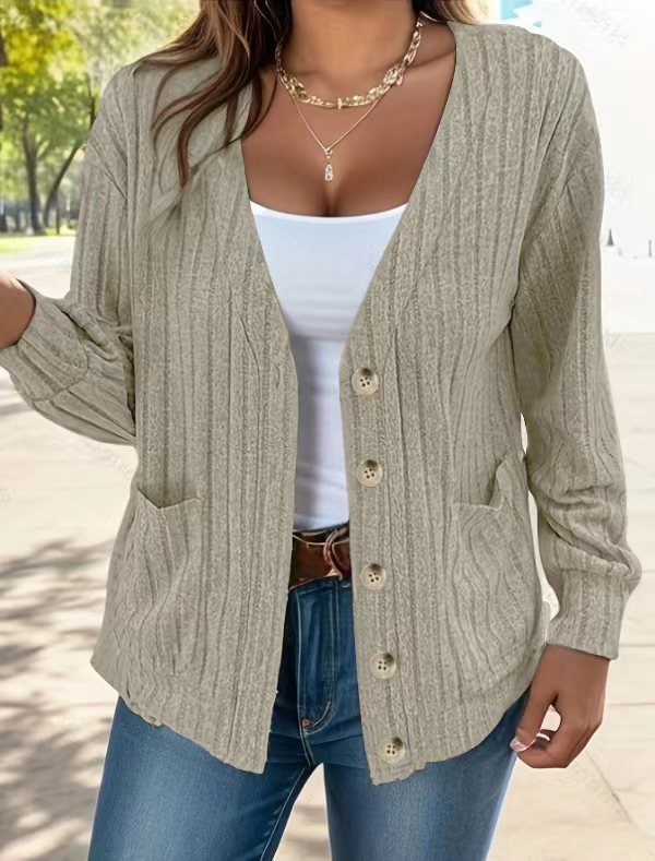 Ribbed V Neck Button Front Pocket Cardigan - Khaki