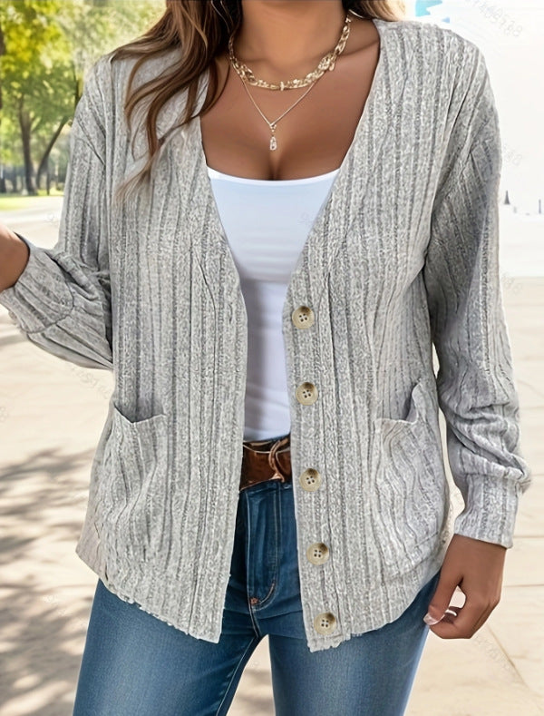 Ribbed V Neck Button Front Pocket Cardigan