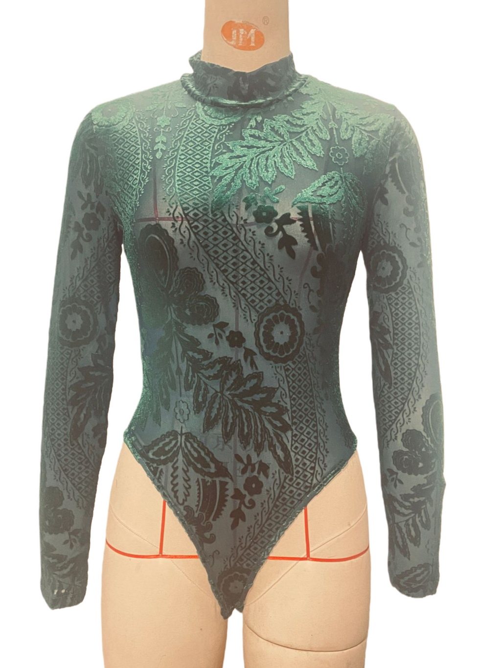 Sheer Burnout Velvet Mock Neck Bodysuit - green - 1