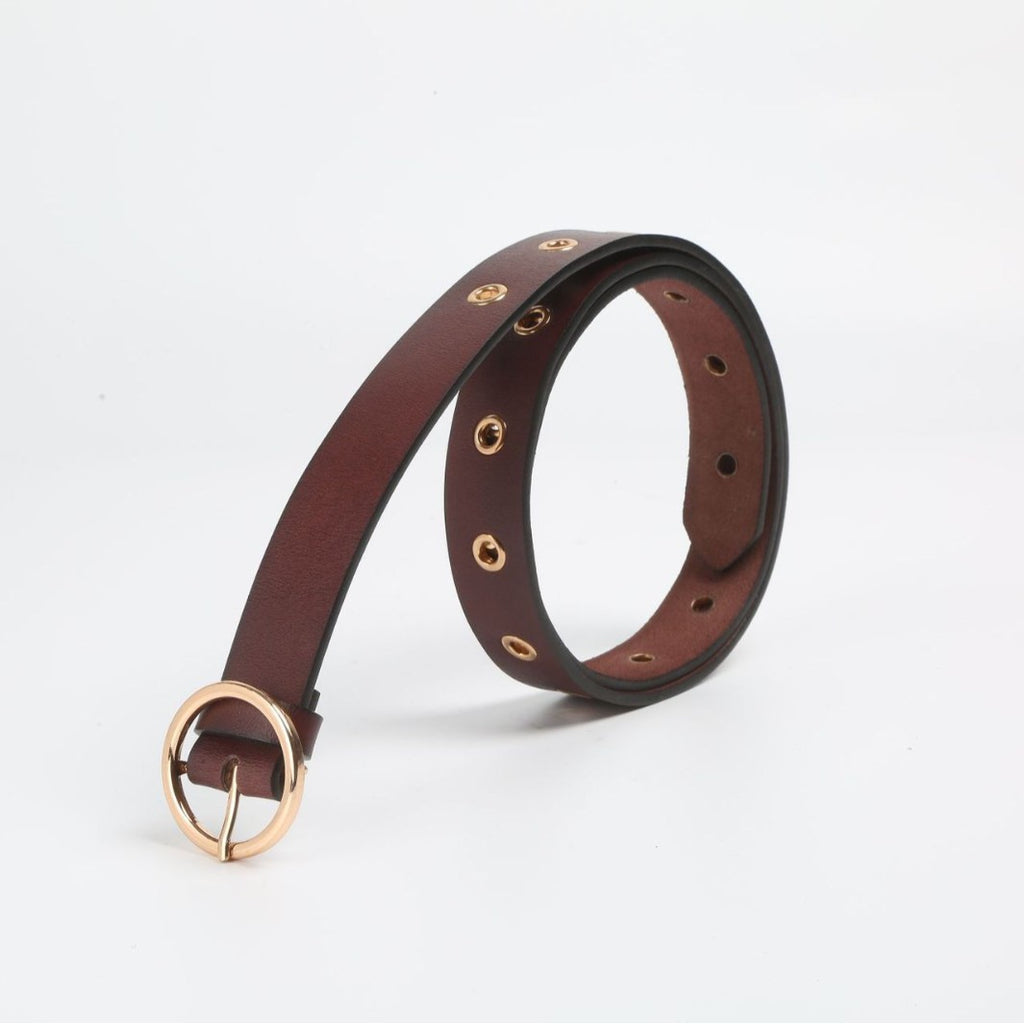 Round Buckle Eyelet Slim Belt - Coffee