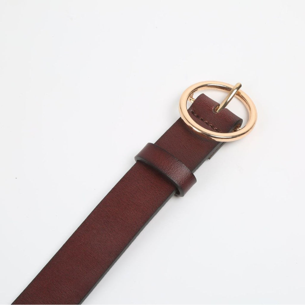 Round Buckle Eyelet Slim Belt - Coffee - 1