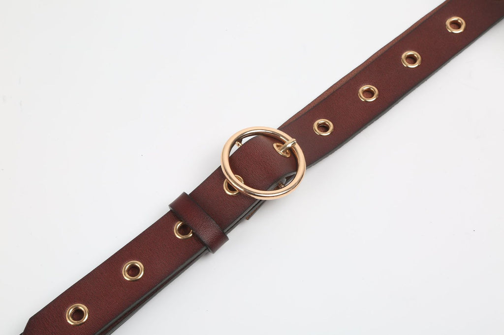 Round Buckle Eyelet Slim Belt - Coffee - 3