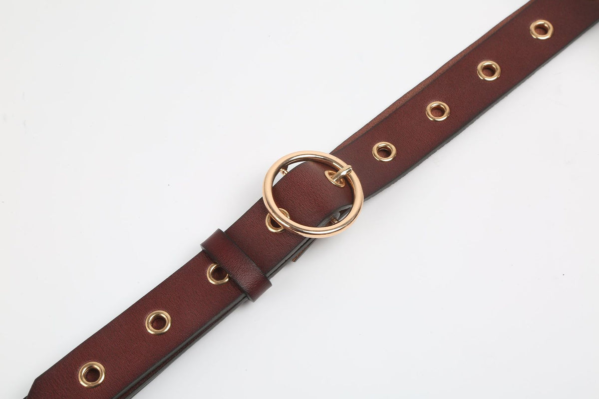 Round Buckle Eyelet Slim Belt - Coffee - 3